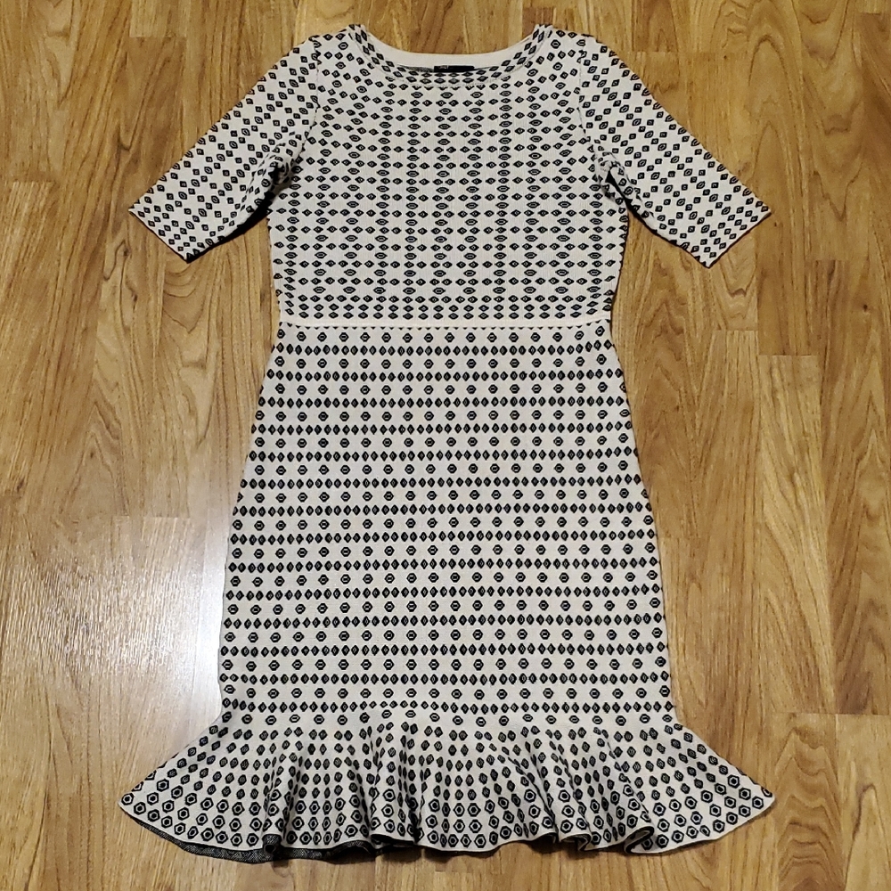 Just...Taylor Black and Ivory Geometric Midi Knit Sweater Dress Womens Size S